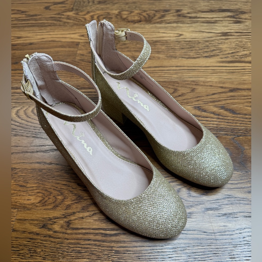 Nina Girls Linnie Gold Dressy Sparkle Ankle Strap Heels Size 4